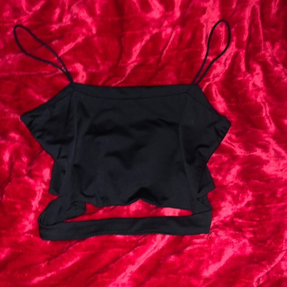 Large Black spaghetti strap wrap around tye top, shein, runs small